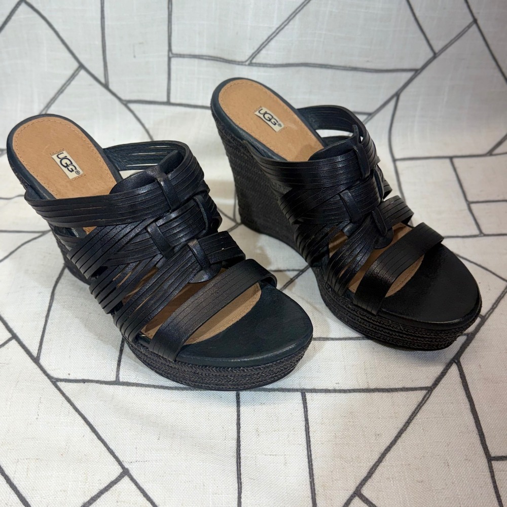 UGG Lucianna Wedge Sandals Size 7 Black Leather Strappy Espadrille Mules F29015L